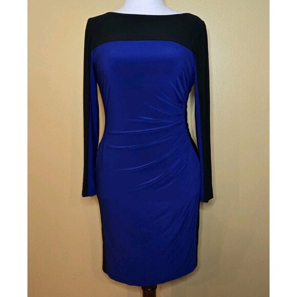 Chaps Pullover Shift Dress Womens Medium Ruched Front Long Sleeve Black Blue - Picture 1 of 11